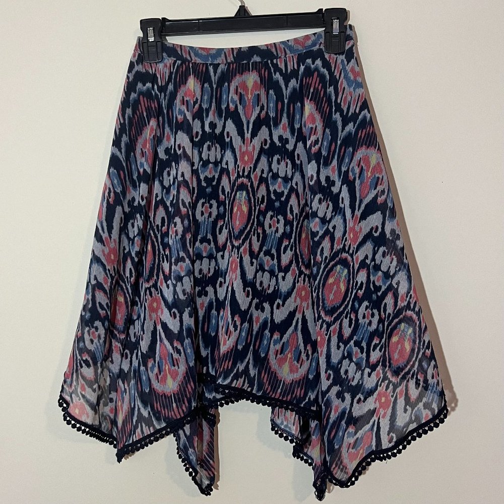 Abercrombie Kids Skirt Size M 12 Asymmetrical Boho Midi, Blue Pink, Pom Pom Trim